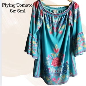 Flying‎ Tomato Boho Floral Off Shoulder Bell Sleeve Mini Dress Size Small